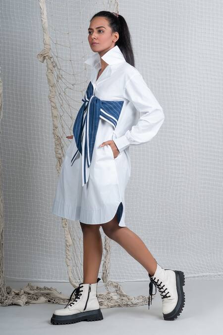 Shop_Chillosophy_White Poplin High Neck Straight-fit Dress _Online_at_Aza_Fashions