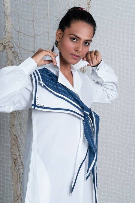 Chillosophy_White Poplin High Neck Straight-fit Dress _at_Aza_Fashions