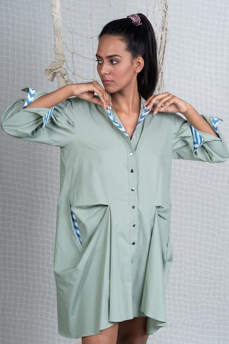 Buy_Chillosophy_Green Poplin Round Band Collar Pleated Dress _Online_at_Aza_Fashions
