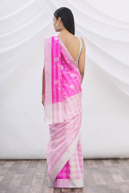 Shop_Mint N Oranges_White Chanderi Striped Saree _at_Aza_Fashions