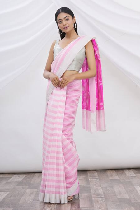Mint N Oranges_White Chanderi Striped Saree _Online_at_Aza_Fashions