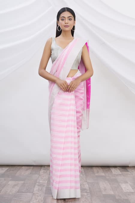 Buy_Mint N Oranges_White Chanderi Striped Saree _Online_at_Aza_Fashions
