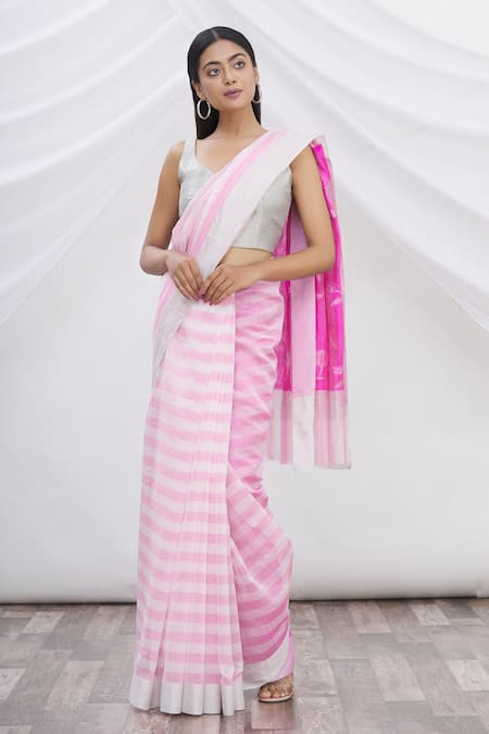 Shop_Mint N Oranges_White Chanderi Striped Saree _Online_at_Aza_Fashions