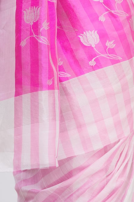 Mint N Oranges_White Chanderi Striped Saree _at_Aza_Fashions