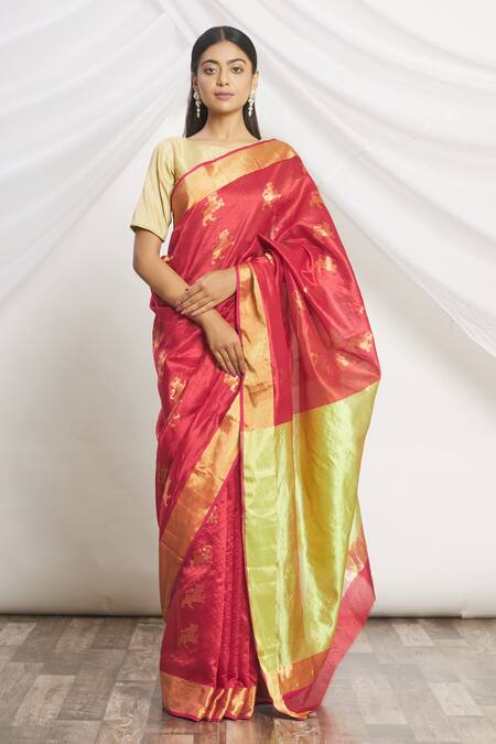 Mint N Oranges_Red Chanderi Silk Woven Saree _Online_at_Aza_Fashions