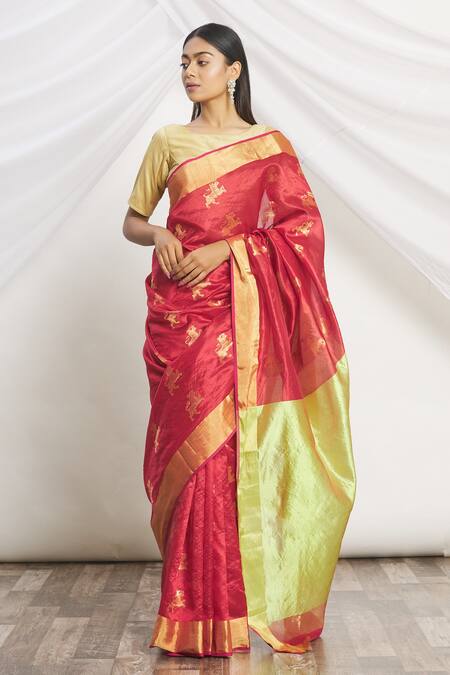 Buy_Mint N Oranges_Red Chanderi Silk Woven Saree _Online_at_Aza_Fashions