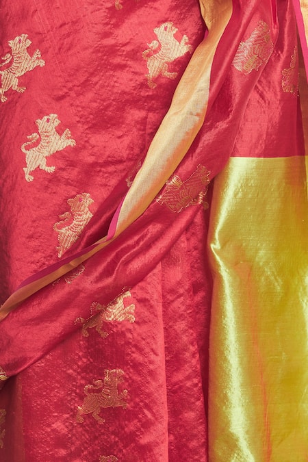 Shop_Mint N Oranges_Red Chanderi Silk Woven Saree _Online_at_Aza_Fashions