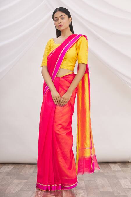 Mint N Oranges Pink Chanderi Saree Online at Aza Fashions Mint N Oranges_Pink Chanderi Saree _Online_at_Aza_Fashions