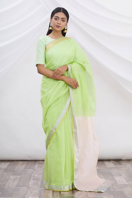 Mint N Oranges_Green Chanderi Saree_Online_at_Aza_Fashions