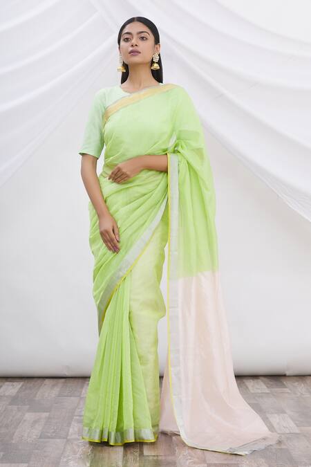 Buy_Mint N Oranges_Green Chanderi Saree_Online_at_Aza_Fashions