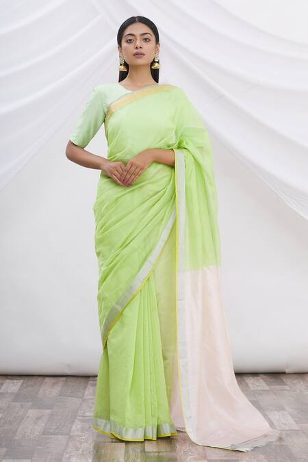 Shop_Mint N Oranges_Green Chanderi Saree_Online_at_Aza_Fashions
