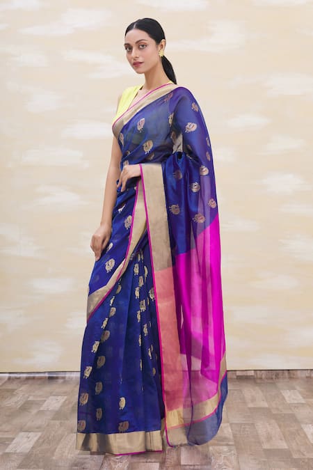 Mint N Oranges Blue Chanderi Silk Woven Saree