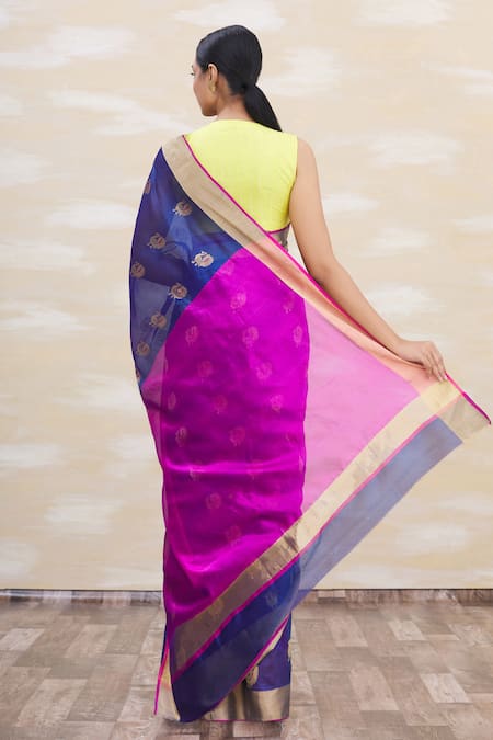 Shop_Mint N Oranges_Blue Chanderi Silk Woven Saree _at_Aza_Fashions