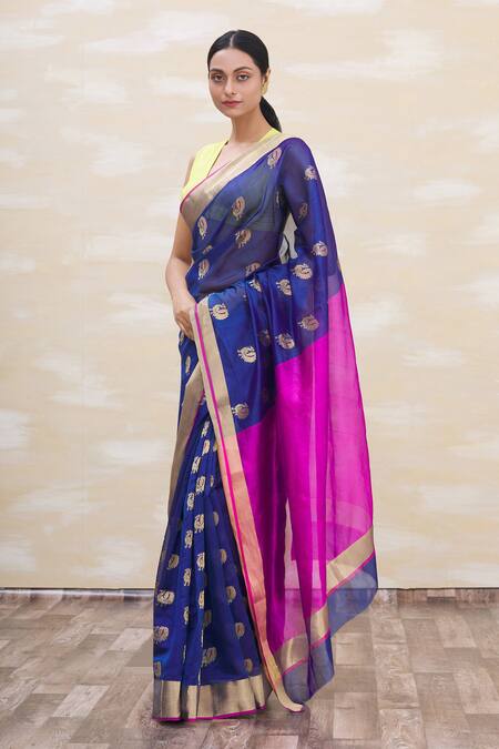 Mint N Oranges_Blue Chanderi Silk Woven Saree _Online_at_Aza_Fashions