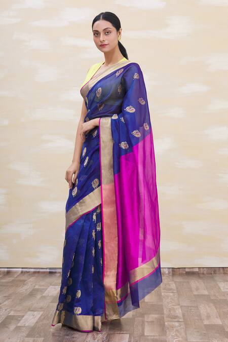 Buy_Mint N Oranges_Blue Chanderi Silk Woven Saree _Online_at_Aza_Fashions