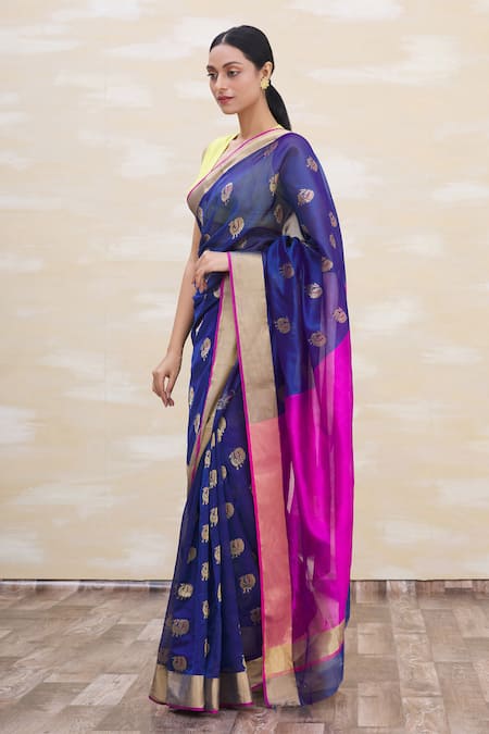 Shop_Mint N Oranges_Blue Chanderi Silk Woven Saree _Online_at_Aza_Fashions