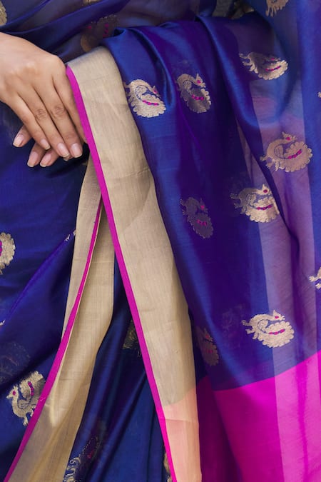 Mint N Oranges_Blue Chanderi Silk Woven Saree _at_Aza_Fashions