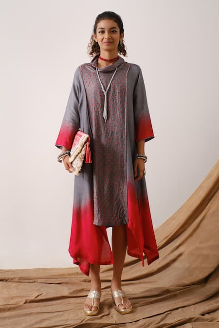 Aditi Somani Grey Silk Embroidery Cowl Asymmetrical Tunic 