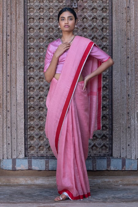 Beige soft linen saree with maroon and gold block print, tissue edging