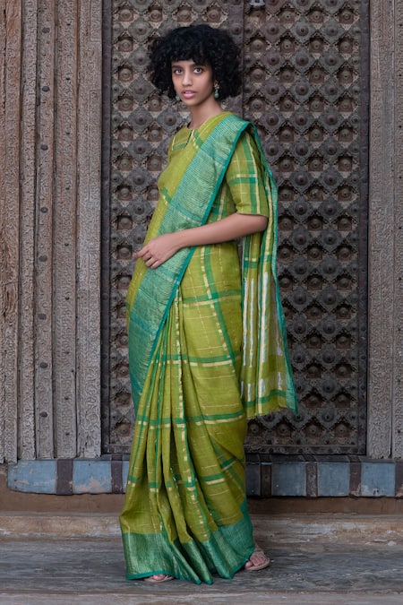 Anavila Green Linen Saree For Women