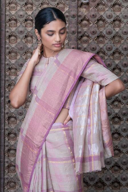 Anavila_Grey Linen Saree _Online_at_Aza_Fashions