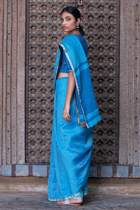 Blue Handwoven Jamdani Linen Saree – Beatitude