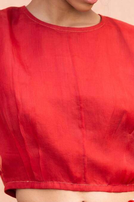 Buy_Anavila_Red Organza Silk Embroidery Round Puff Sleeve Saree Blouse _Online_at_Aza_Fashions
