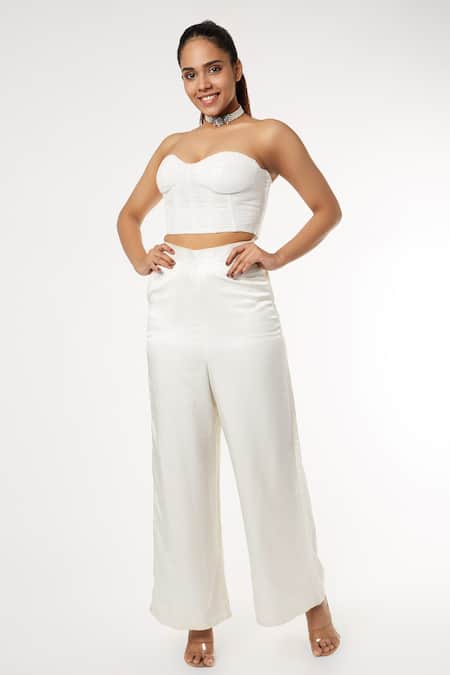White Satin Tiger Print Wide Leg Trousers | SilkFred US