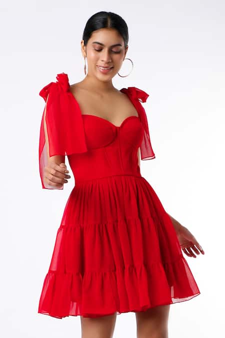 Buy Red Georgette Embroidery Sweetheart Neck Tiered Corset Dress For Women  by Emblaze Online at Aza Fashions.