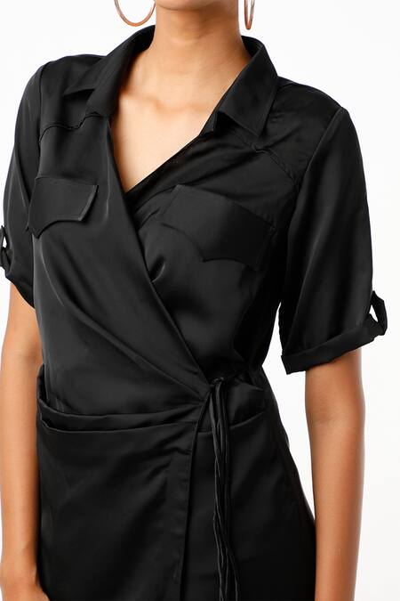 Buy_Emblaze_Black Satin V Neck Wrap Dress_Online_at_Aza_Fashions