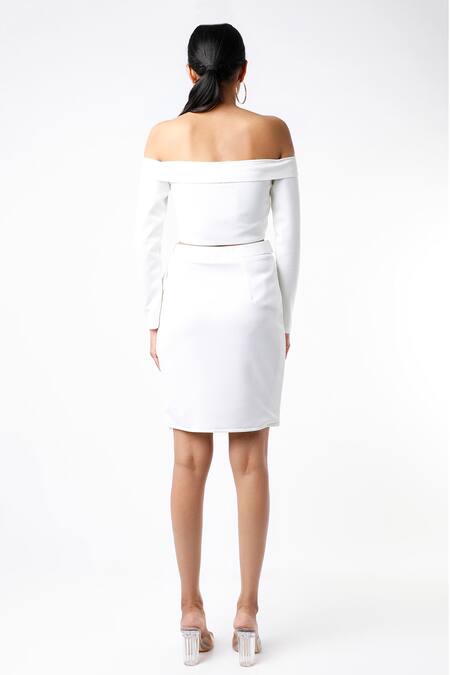 Shop_Emblaze_White Twill One Shoulder Co-ord Skirt Set_at_Aza_Fashions