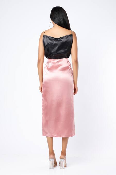 Shop Emblaze Peach Satin Cowl Top And Skirt Set at Aza Fashions Shop_Emblaze_Peach Satin Cowl Top And Skirt Set_at_Aza_Fashions