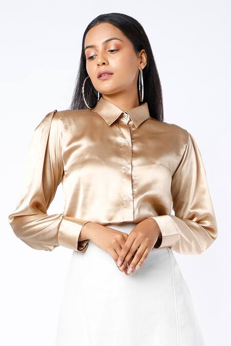 Buy Gold Satin Collared Neck Shirt For Women by Emblaze Online at