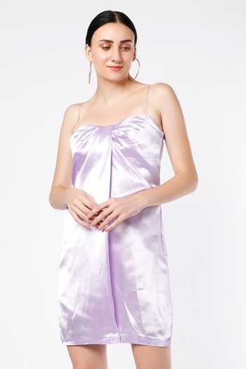 Emblaze_Purple Satin Scoop Neck Draped Dress_Online_at_Aza_Fashions