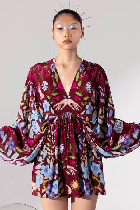 Limerick By Abirr N' Nanki_Maroon Crepe V Neck Printed Dress_Online_at_Aza_Fashions
