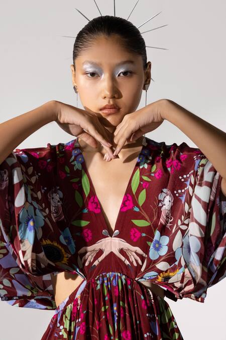 Buy_Limerick By Abirr N' Nanki_Maroon Crepe V Neck Printed Dress_Online_at_Aza_Fashions