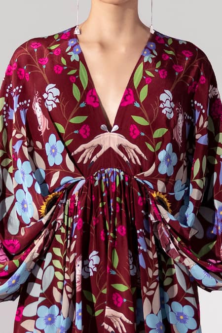 Shop_Limerick By Abirr N' Nanki_Maroon Crepe V Neck Printed Dress_Online_at_Aza_Fashions