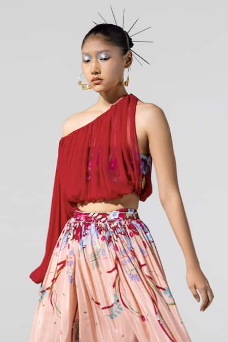 Limerick by Abirr N' Nanki Maroon Crepe Embroidery Asymmetric Draped Crop Top With Bustier 