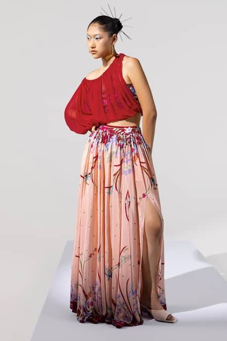 Shop Limerick By Abirr N' Nanki Maroon Crepe, Chiffon Asymmetric Draped Crop Top With Bustier at Aza Fashions Shop_Limerick By Abirr N' Nanki_Maroon Crepe, Chiffon Asymmetric Draped Crop Top With Bustier _at_Aza_Fashions