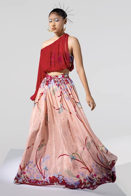 Limerick By Abirr N' Nanki Maroon Crepe, Chiffon Asymmetric Draped Crop Top With Bustier Online at Aza Fashions Limerick By Abirr N' Nanki_Maroon Crepe, Chiffon Asymmetric Draped Crop Top With Bustier _Online_at_Aza_Fashions