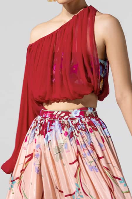 Buy Limerick By Abirr N' Nanki Maroon Crepe, Chiffon Asymmetric Draped Crop Top With Bustier Online at Aza Fashions Buy_Limerick By Abirr N' Nanki_Maroon Crepe, Chiffon Asymmetric Draped Crop Top With Bustier _Online_at_Aza_Fashions