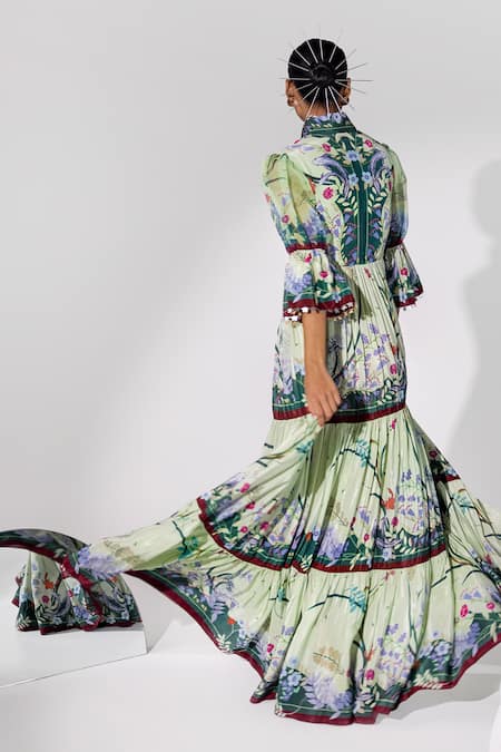 Shop Limerick By Abirr N' Nanki Green Organza, Crepe Mandarin Collar Printed Maxi Dress at Aza Fashions Shop_Limerick By Abirr N' Nanki_Green Organza, Crepe Mandarin Collar Printed Maxi Dress _at_Aza_Fashions