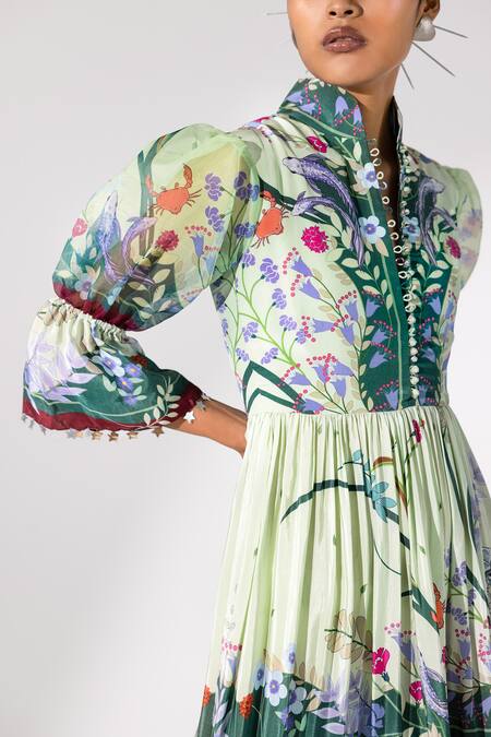 Limerick By Abirr N' Nanki Green Organza, Crepe Mandarin Collar Printed Maxi Dress Online at Aza Fashions Limerick By Abirr N' Nanki_Green Organza, Crepe Mandarin Collar Printed Maxi Dress _Online_at_Aza_Fashions