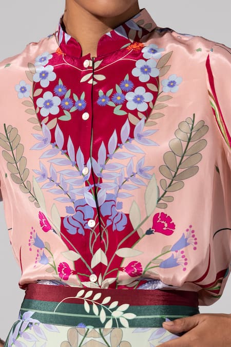 Limerick By Abirr N' Nanki_Pink Crepe Mandarin Collar Printed Shirt _Online_at_Aza_Fashions