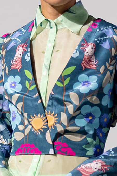 Shop Limerick By Abirr N' Nanki Blue Crepe V Neck Printed Jacket Online at Aza Fashions Shop_Limerick By Abirr N' Nanki_Blue Crepe V Neck Printed Jacket _Online_at_Aza_Fashions