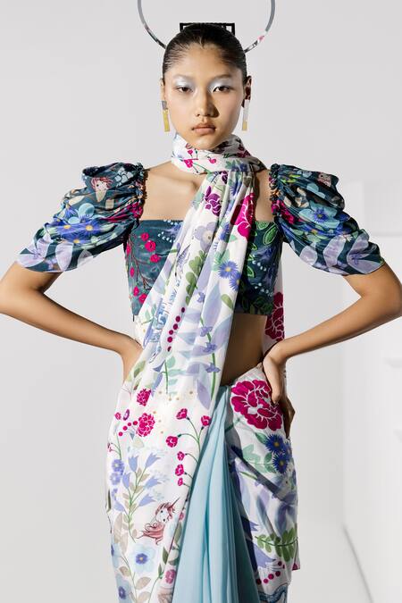 Limerick By Abirr N' Nanki_White Crepe, Georgette Printed Saree_Online_at_Aza_Fashions