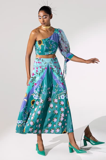 Limerick By Abirr N' Nanki Blue Crepe Printed Skirt 