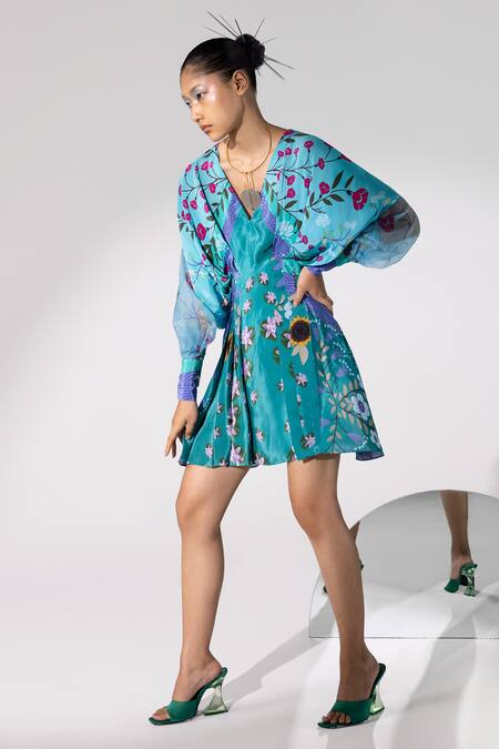 Limerick By Abirr N' Nanki_Blue Organza, Crepe V Neck Printed Dress _Online_at_Aza_Fashions