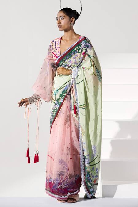 Limerick By Abirr N' Nanki Pink Organza, Crepe V Neck Printed Blouse Online at Aza Fashions Limerick By Abirr N' Nanki_Pink Organza, Crepe V Neck Printed Blouse _Online_at_Aza_Fashions