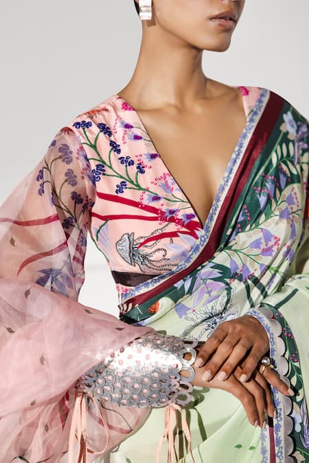 Buy Limerick By Abirr N' Nanki Pink Organza, Crepe V Neck Printed Blouse Online at Aza Fashions Buy_Limerick By Abirr N' Nanki_Pink Organza, Crepe V Neck Printed Blouse _Online_at_Aza_Fashions